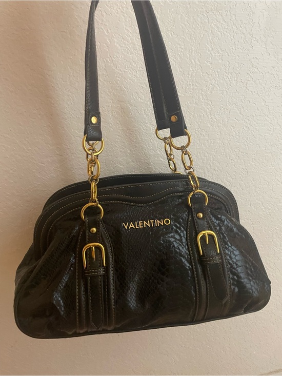 Valentino Black Textured Leather Shoulder Bag with Gold Accents